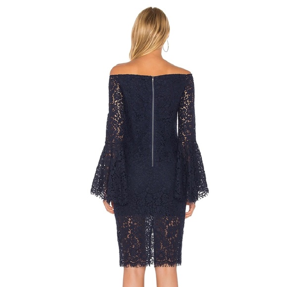 NEW BARDOT REVOLVE NAVY OFF-THE-SHOULDER LACE DRESS - Picture 6 of 8